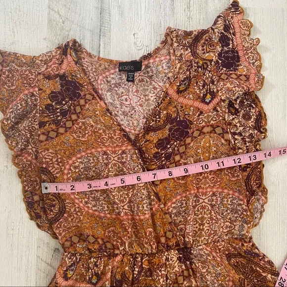 Weavers Mini Dress XS Brown Red Ruffle V-Neck Elastic Waist Festival Boho Summer - Picture 5 of 7